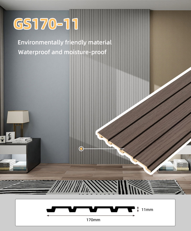 170 * 11 مم ألواح الجدران البلاستيكية المخددة ذات النهاية الخشبية